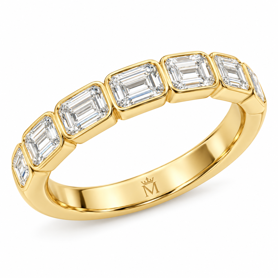 AI catalog illustration of Solace’s east-west emerald bezel wedding band in yellow gold