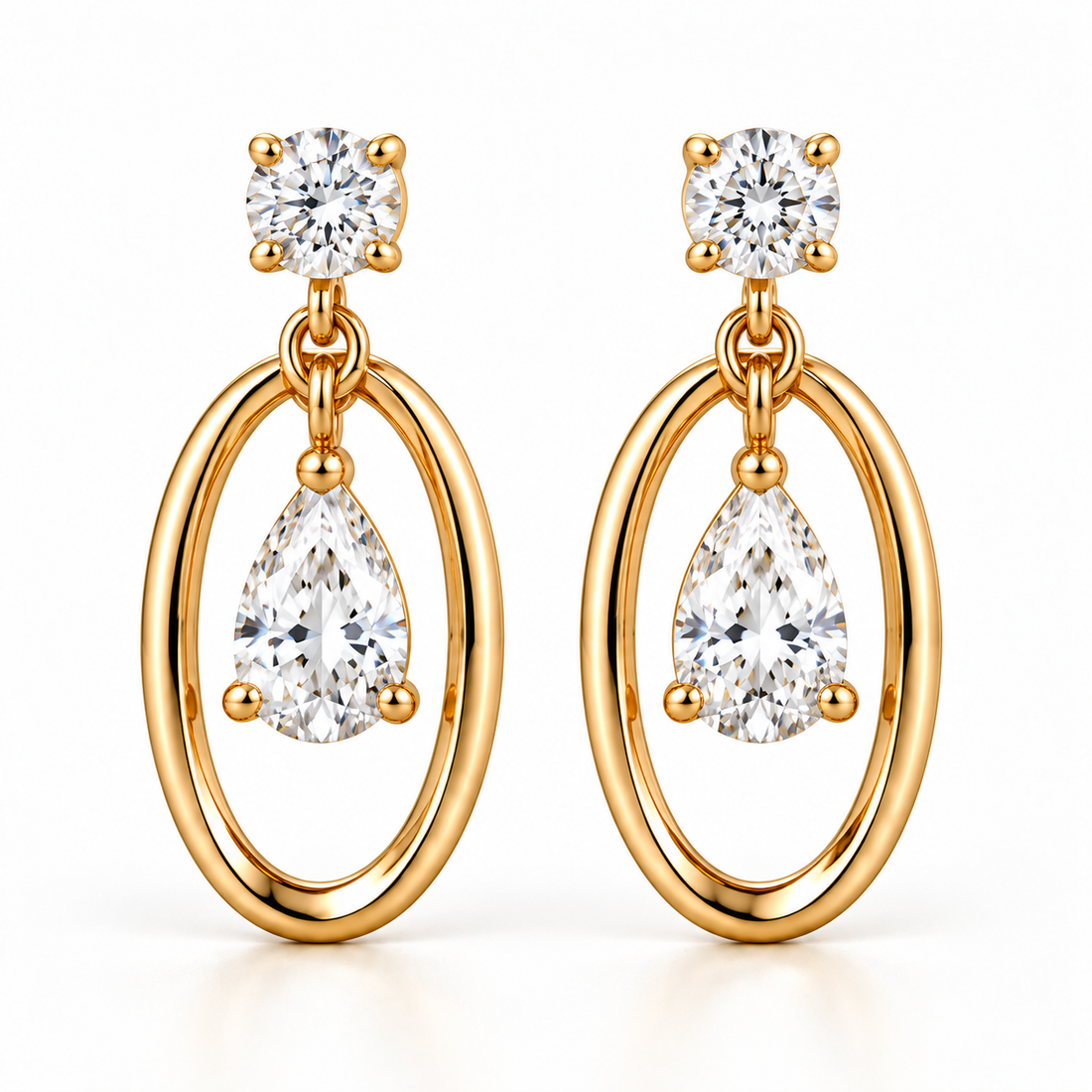 Design visualization of MISSISSI open oval drop earrings with suspended pear-shaped lab-grown diamonds