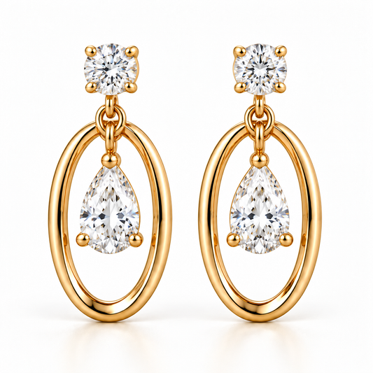 Design visualization of MISSISSI open oval drop earrings with suspended pear-shaped lab-grown diamonds