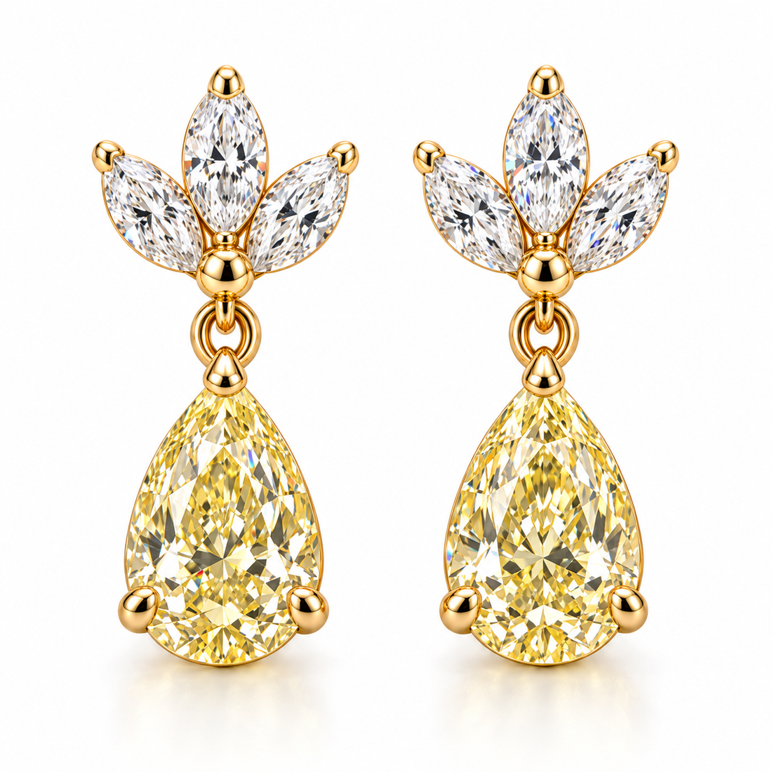 Design visualization of paired yellow pear lab-grown diamond drops below white marquise fans