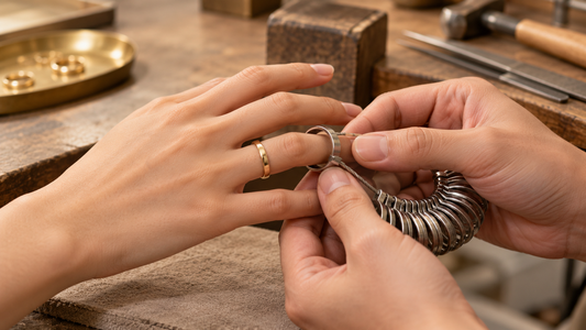 Jeweler checking the fit of a plain gold ring with a metal finger gauge