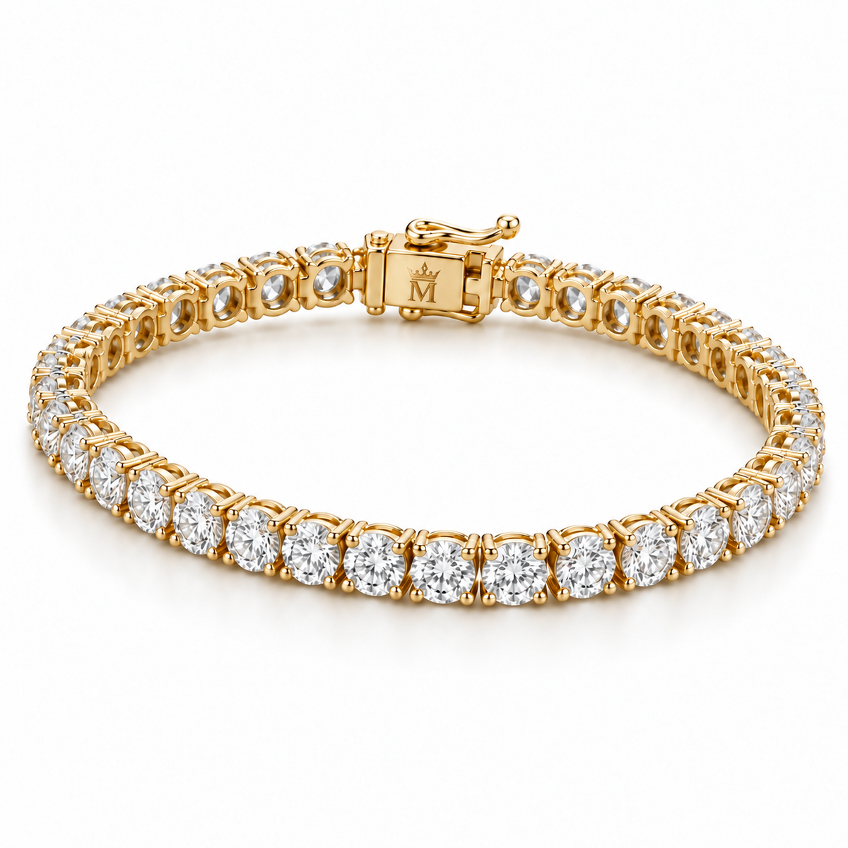 Left three-quarter view of the 2.5 CTW round lab-grown diamond tennis bracelet in 14K gold. AI-edited crown-M engraving concept on the existing clasp face; engraving and scale are illustrative.