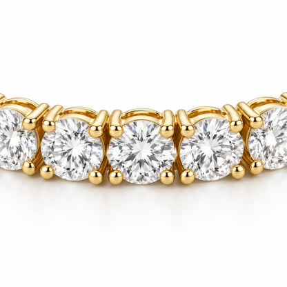 Close detail of round lab-grown diamonds and four-prong links on the 14K gold tennis bracelet.