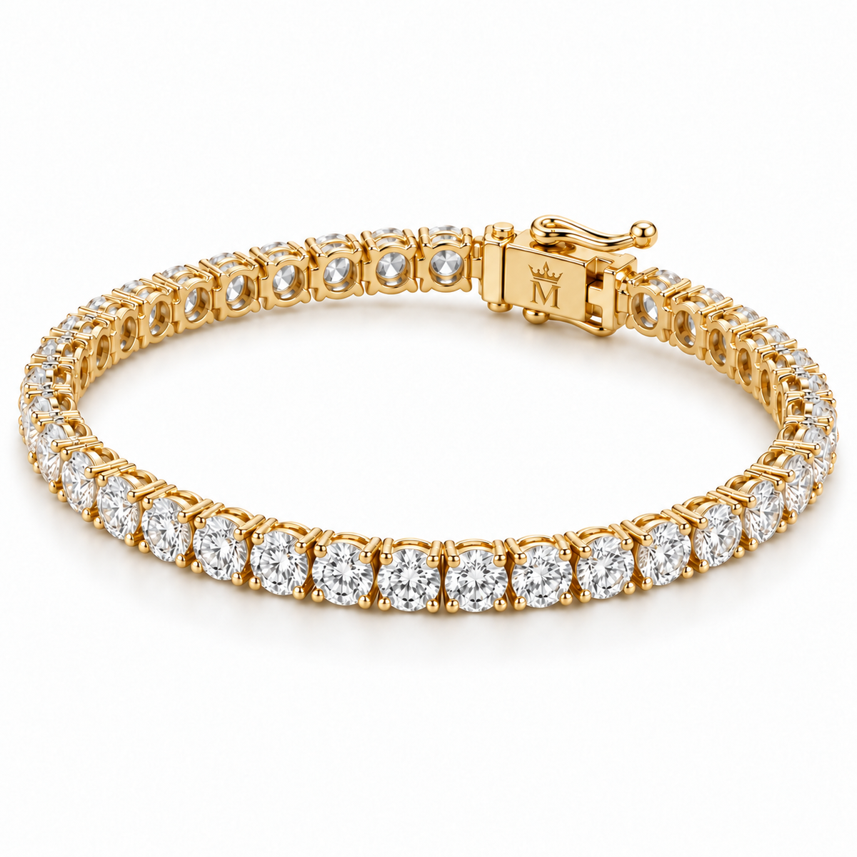 Right three-quarter view of the 2.5 CTW round lab-grown diamond tennis bracelet in 14K gold. AI-edited crown-M engraving concept on the existing clasp face; engraving and scale are illustrative.
