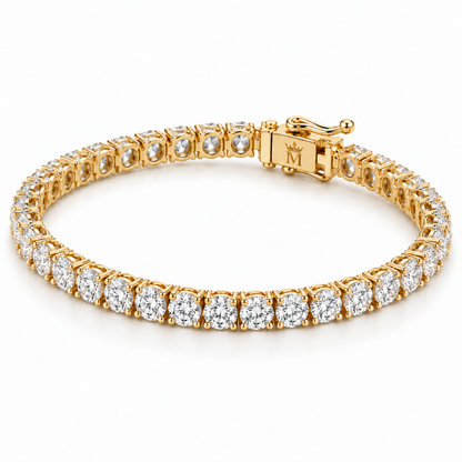 Right three-quarter view of the 2.5 CTW round lab-grown diamond tennis bracelet in 14K gold. AI-edited crown-M engraving concept on the existing clasp face; engraving and scale are illustrative.