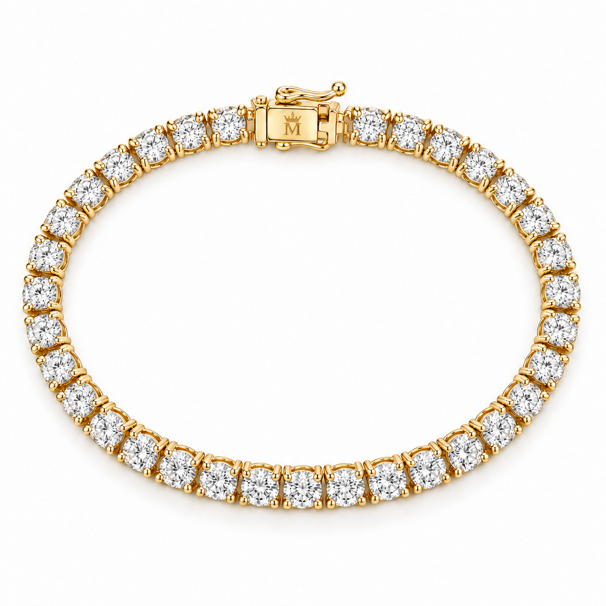 Top view of the 2.5 CTW round lab-grown diamond tennis bracelet in 14K gold. AI-edited crown-M engraving concept on the existing clasp face; engraving and scale are illustrative.