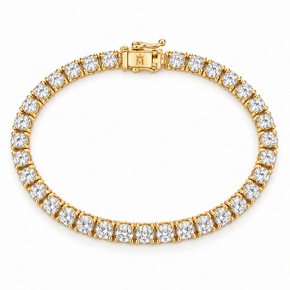 Top view of the 2.5 CTW round lab-grown diamond tennis bracelet in 14K gold. AI-edited crown-M engraving concept on the existing clasp face; engraving and scale are illustrative.