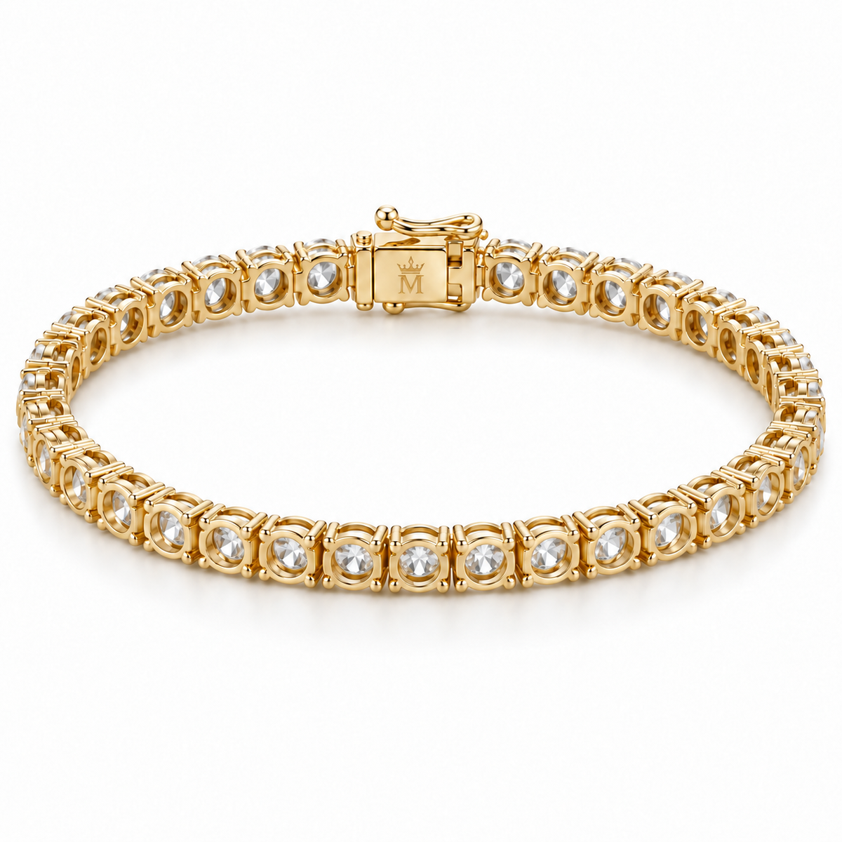 Underside and clasp view of the 2.5 CTW round lab-grown diamond tennis bracelet in 14K gold. AI-edited crown-M engraving concept on the existing clasp face; engraving and scale are illustrative.