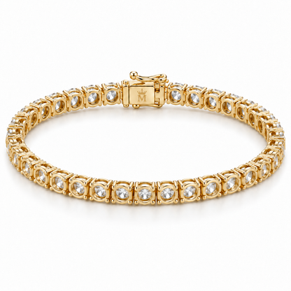 Underside and clasp view of the 2.5 CTW round lab-grown diamond tennis bracelet in 14K gold. AI-edited crown-M engraving concept on the existing clasp face; engraving and scale are illustrative.