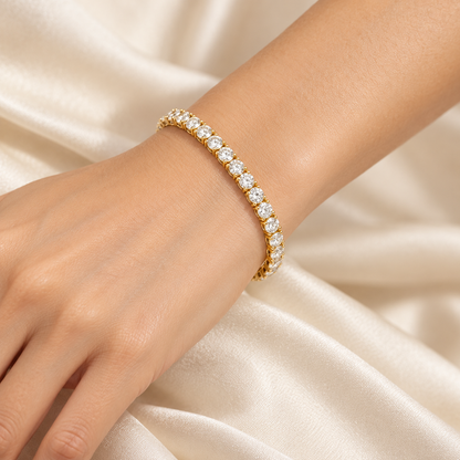 Tennis bracelet worn on wrist, showing scale and fit.