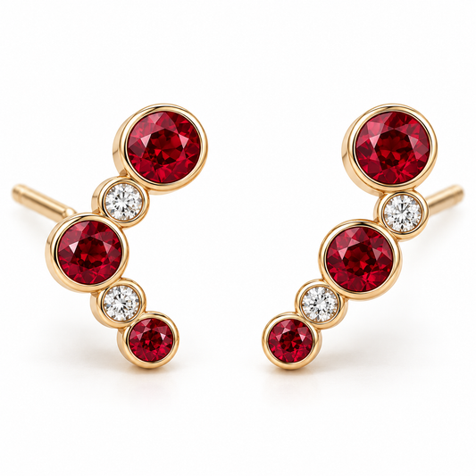 MISSISSI Scarlet Arc Graduated Lab-Grown Ruby & Diamond Studs in yellow gold, hero design visualization