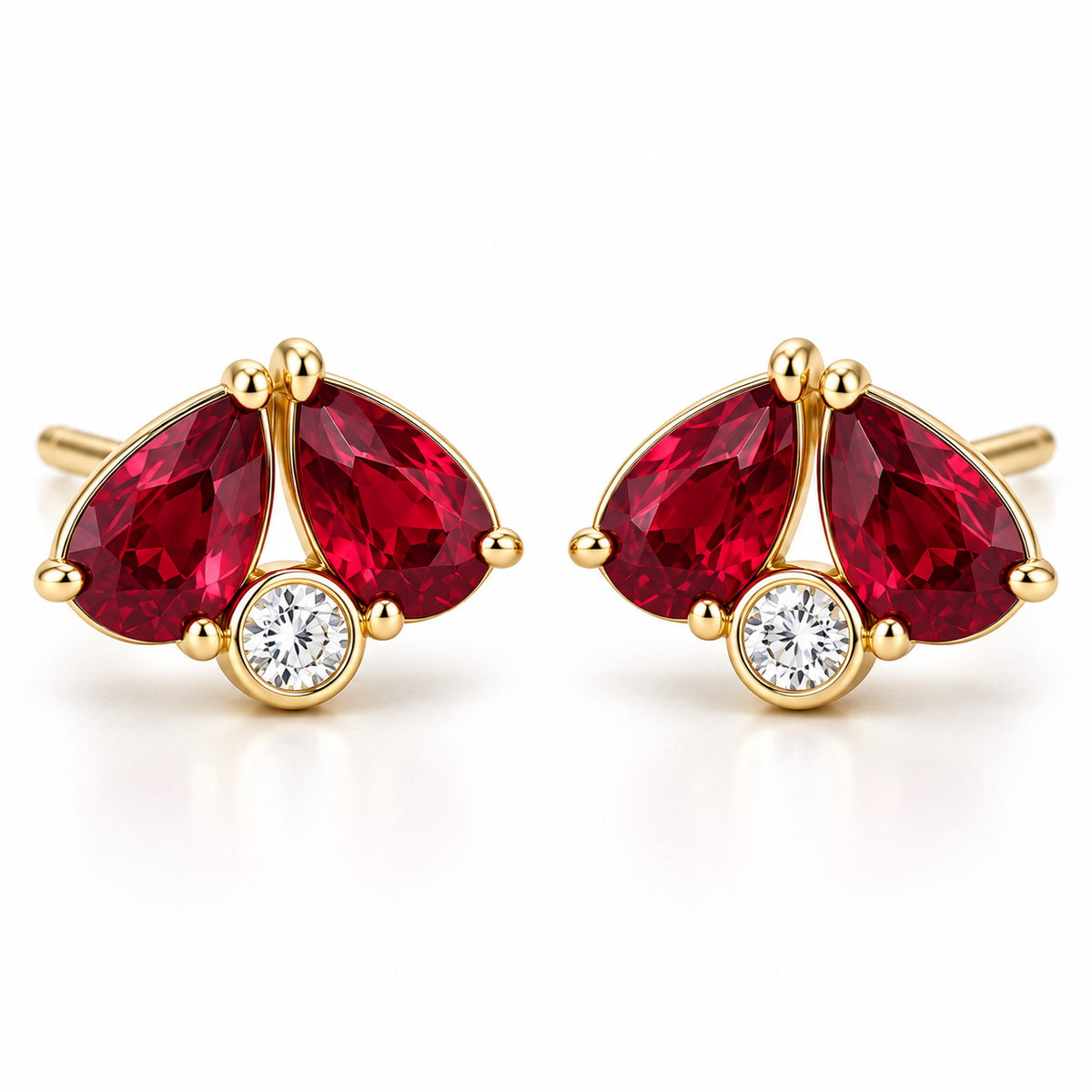MISSISSI Scarlet Fold Twin-Pear Lab-Grown Ruby & Diamond Studs in yellow gold, hero design visualization