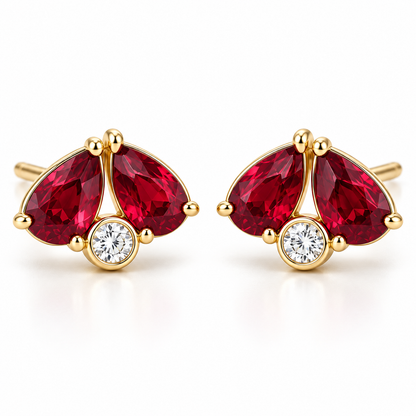 MISSISSI Scarlet Fold Twin-Pear Lab-Grown Ruby & Diamond Studs in yellow gold, hero design visualization