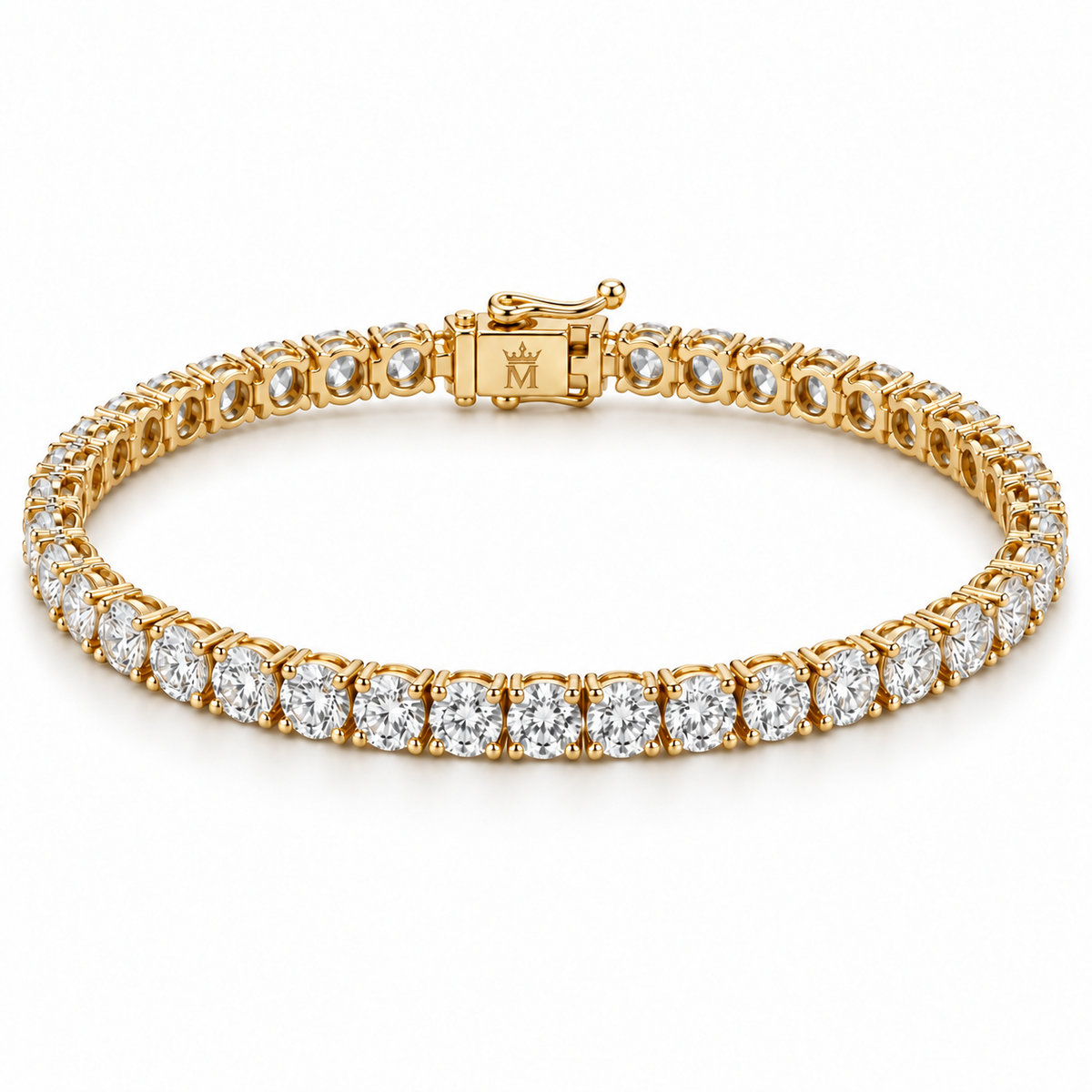 Front view of a round diamond tennis bracelet in 14K yellow gold on white. AI-edited crown-M engraving concept on the existing clasp face; engraving and scale are illustrative.