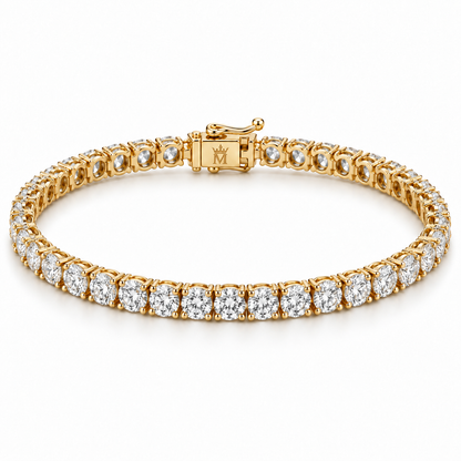 Front view of a round diamond tennis bracelet in 14K yellow gold on white. AI-edited crown-M engraving concept on the existing clasp face; engraving and scale are illustrative.