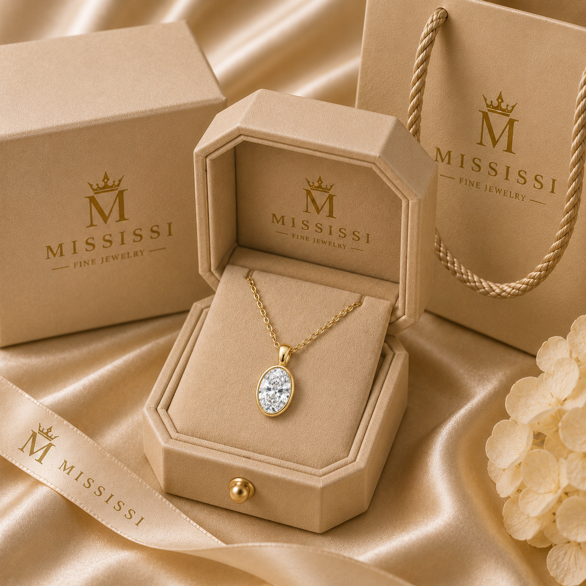 MISSISSI presentation box and packaging with an oval bezel diamond pendant.