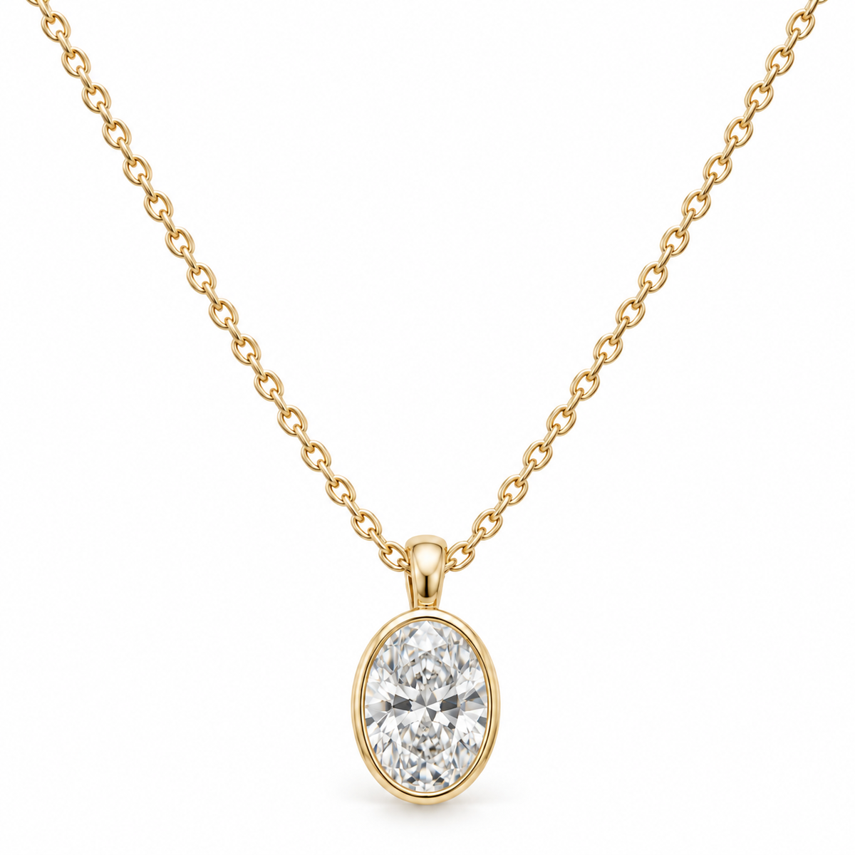 Front view of the 0.75 carat oval lab-grown diamond bezel pendant necklace.
