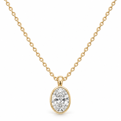 Front view of the 0.75 carat oval lab-grown diamond bezel pendant necklace.