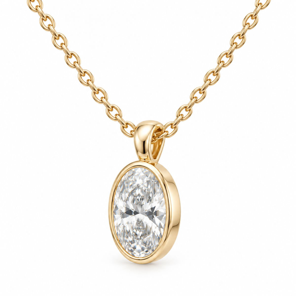 Opposite three-quarter view of the oval lab-grown diamond bezel pendant.
