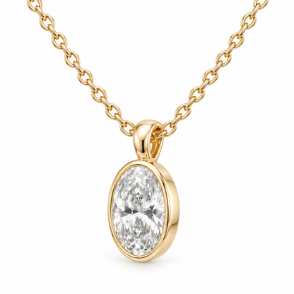Opposite three-quarter view of the oval lab-grown diamond bezel pendant.