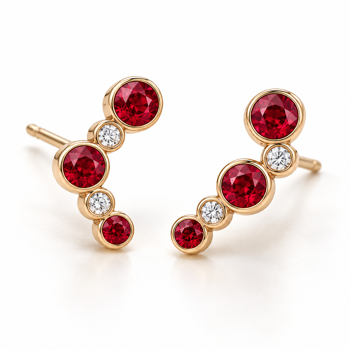 MISSISSI Scarlet Arc Graduated Lab-Grown Ruby & Diamond Studs in yellow gold, angle design visualization