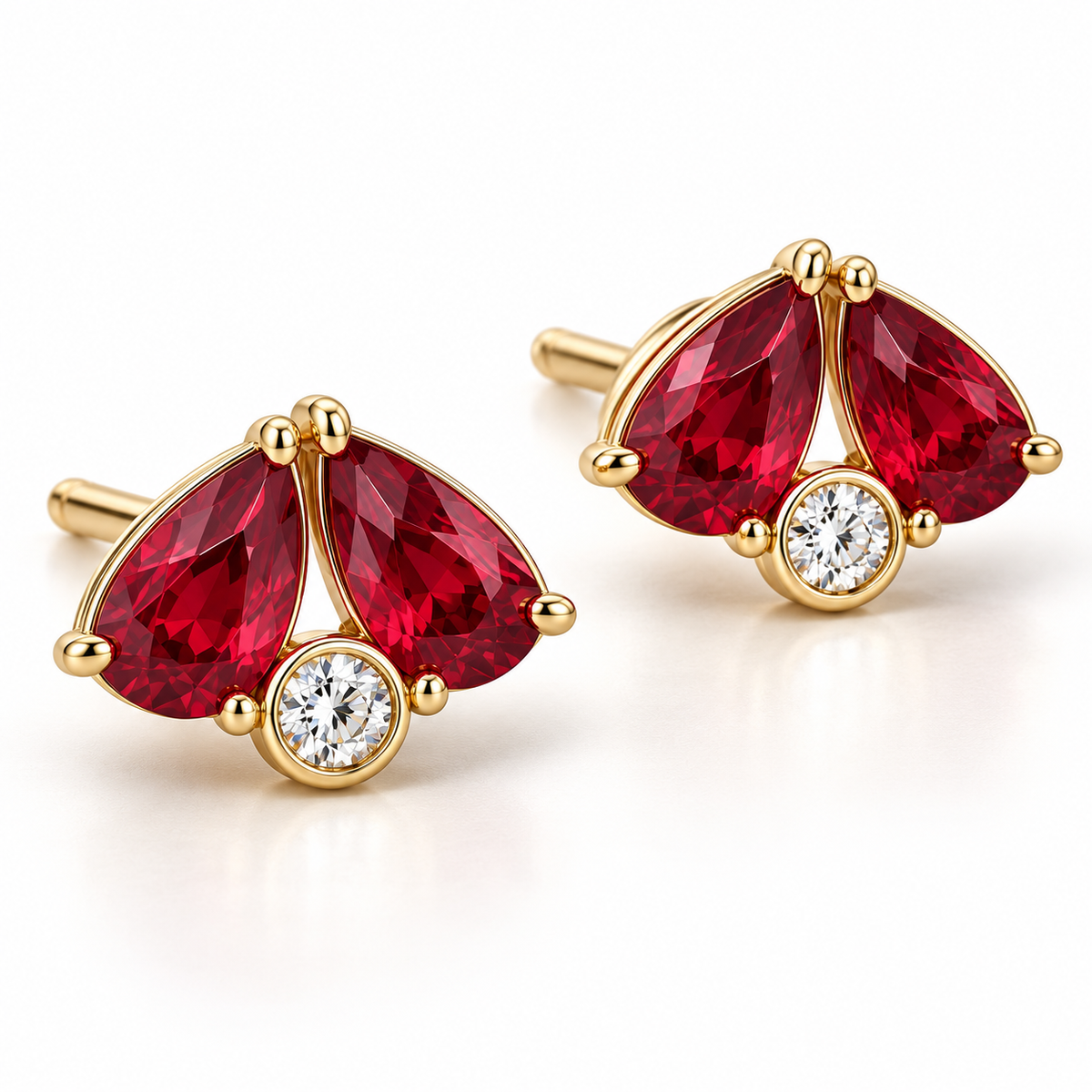 MISSISSI Scarlet Fold Twin-Pear Lab-Grown Ruby & Diamond Studs in yellow gold, angle design visualization