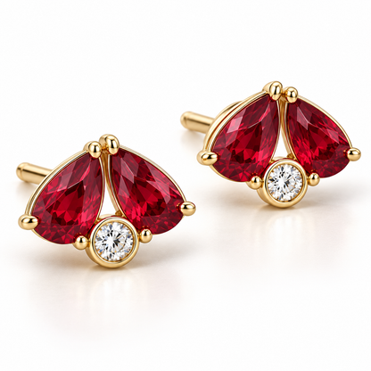 MISSISSI Scarlet Fold Twin-Pear Lab-Grown Ruby & Diamond Studs in yellow gold, angle design visualization