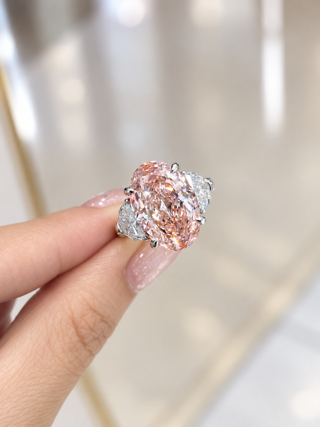 7 Carat Oval Pink Lab-Grown Diamond Ring with 1.8 CTW White Diamond Accents | Custom Engagement Ring | MISSISSI
