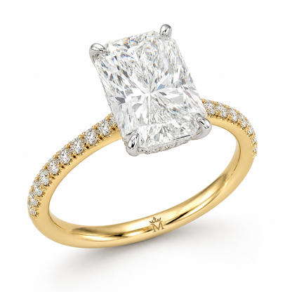 Right 45 degree view of elongated radiant diamond ring with MISSISSI engraving