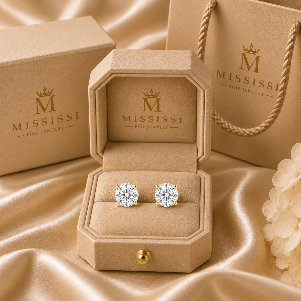 Champagne-beige MISSISSI presentation with matched round diamond stud earrings.