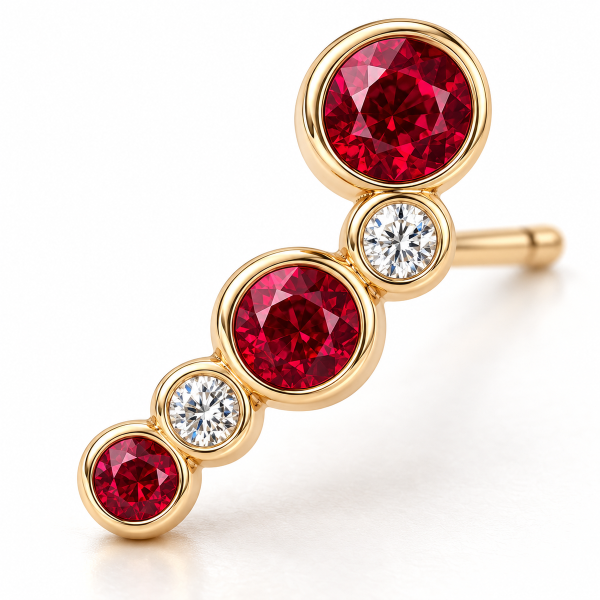MISSISSI Scarlet Arc Graduated Lab-Grown Ruby & Diamond Studs in yellow gold, detail design visualization