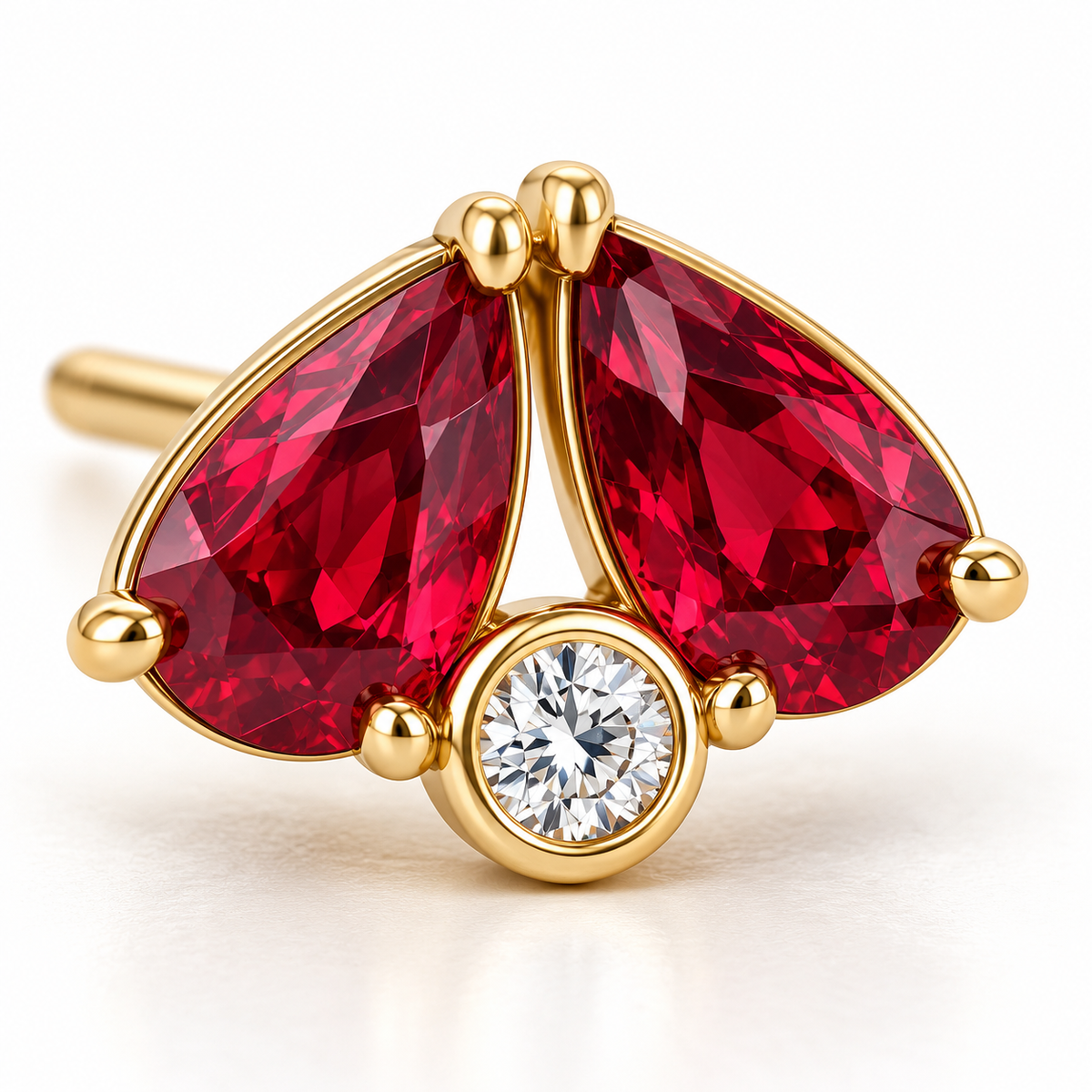 MISSISSI Scarlet Fold Twin-Pear Lab-Grown Ruby & Diamond Studs in yellow gold, detail design visualization
