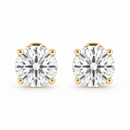 Front view of a matched pair of round lab-grown diamond stud earrings in 14K gold.