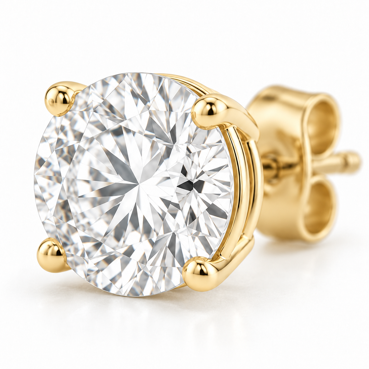 Macro detail of a round lab-grown diamond stud earring and four-prong setting.