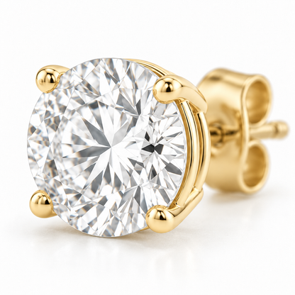 Macro detail of a round lab-grown diamond stud earring and four-prong setting.