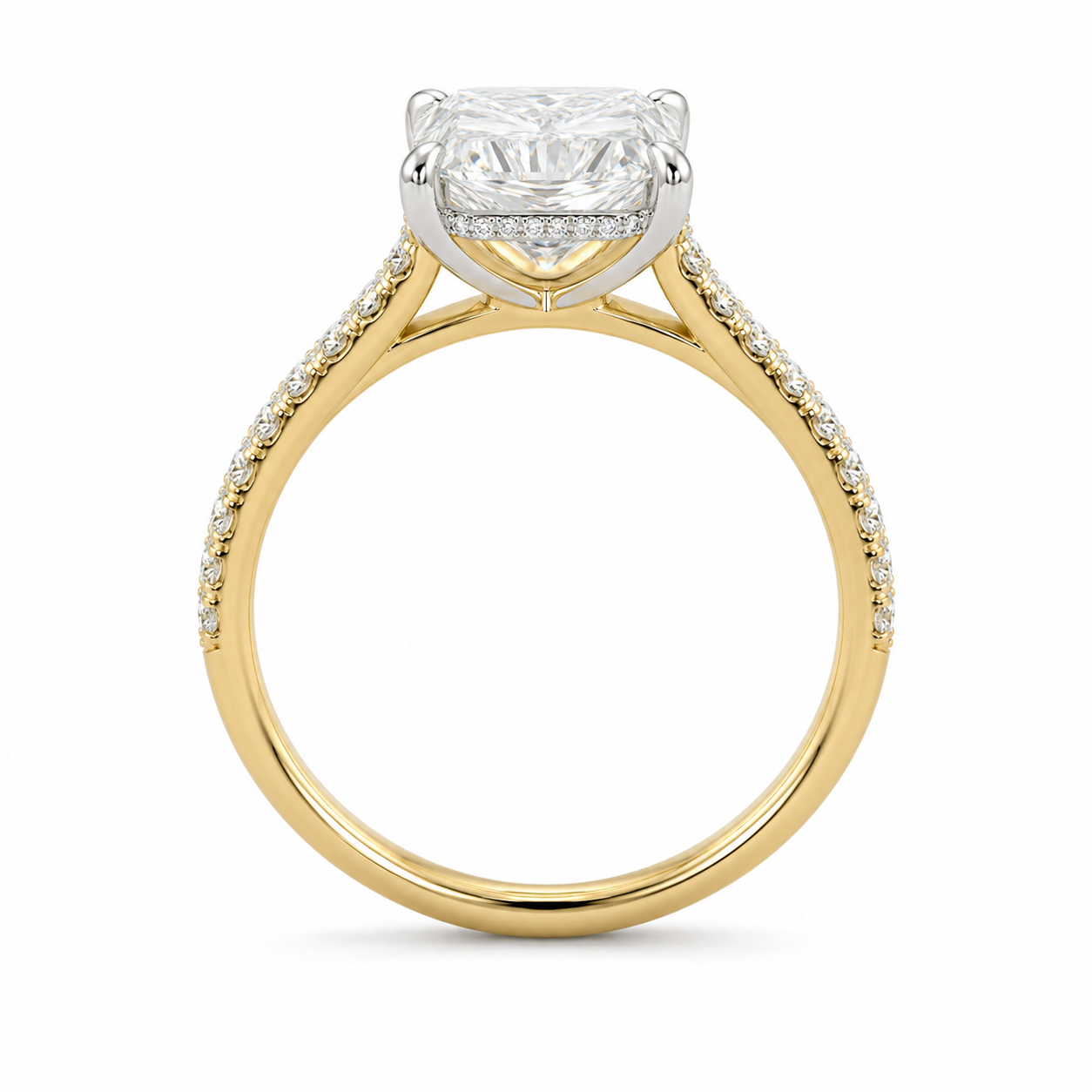 Top view of 4 carat elongated radiant cut diamond and pavé engagement ring