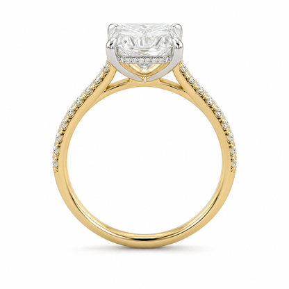 Top view of 4 carat elongated radiant cut diamond and pavé engagement ring