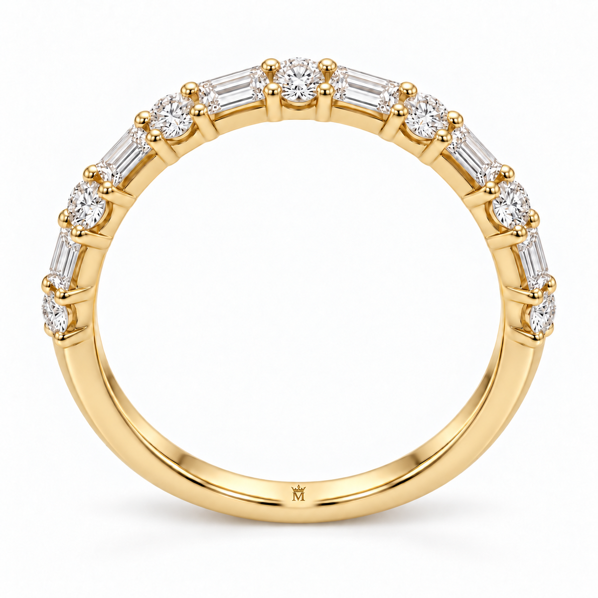 Front view of the alternating round and baguette lab-grown diamond half-eternity band. AI-edited crown-M engraving concept inside the lower band; engraving and scale are illustrative.