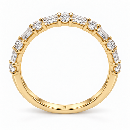 Front view of the alternating round and baguette lab-grown diamond half-eternity band. AI-edited crown-M engraving concept inside the lower band; engraving and scale are illustrative.