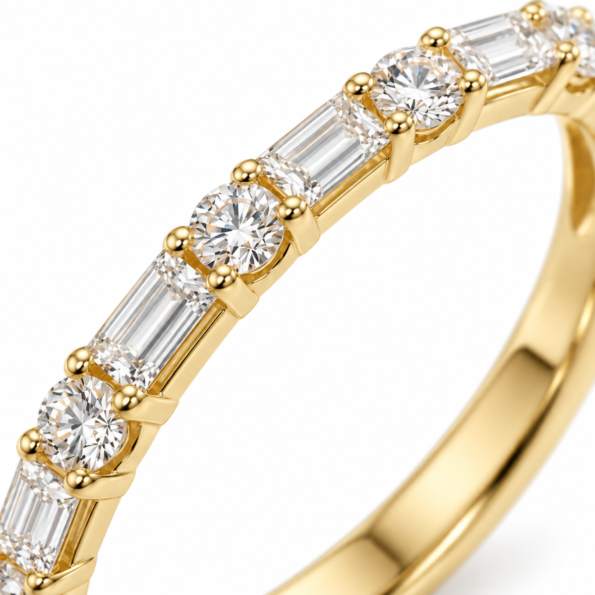 Close detail of alternating round and baguette lab-grown diamonds on the half-eternity band.