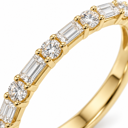 Close detail of alternating round and baguette lab-grown diamonds on the half-eternity band.