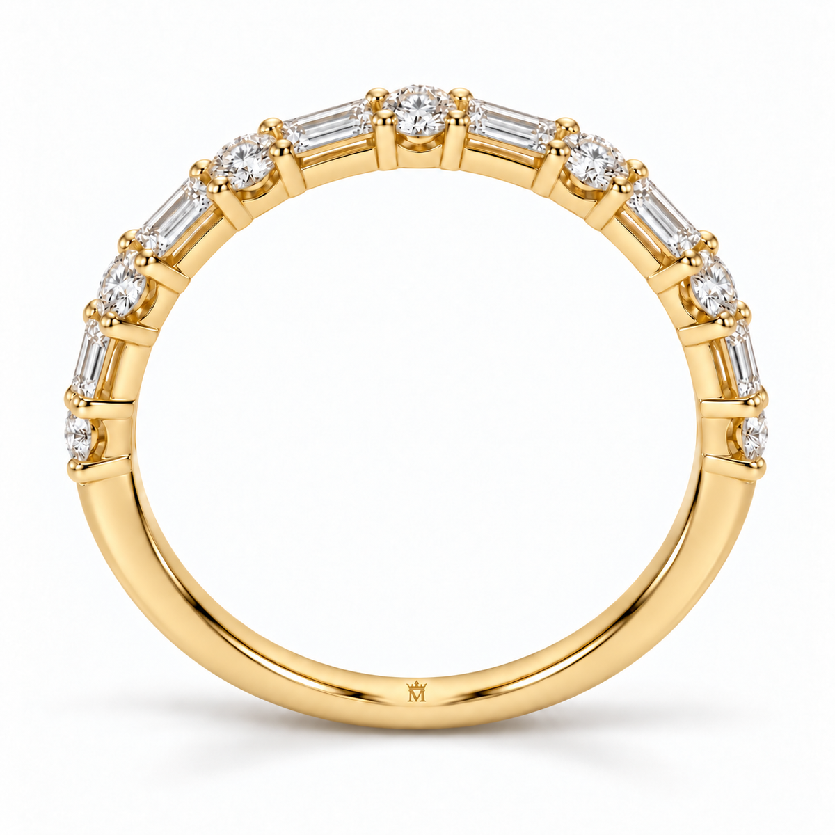 Side profile of the half-eternity band showing the low setting and polished shank. AI-edited crown-M engraving concept inside the lower band; engraving and scale are illustrative.
