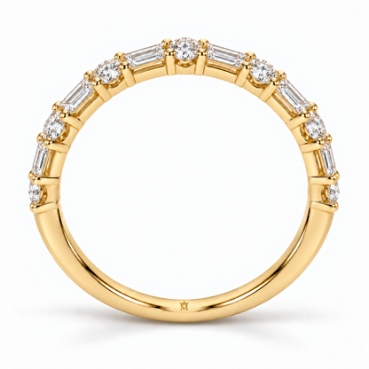 Side profile of the half-eternity band showing the low setting and polished shank. AI-edited crown-M engraving concept inside the lower band; engraving and scale are illustrative.