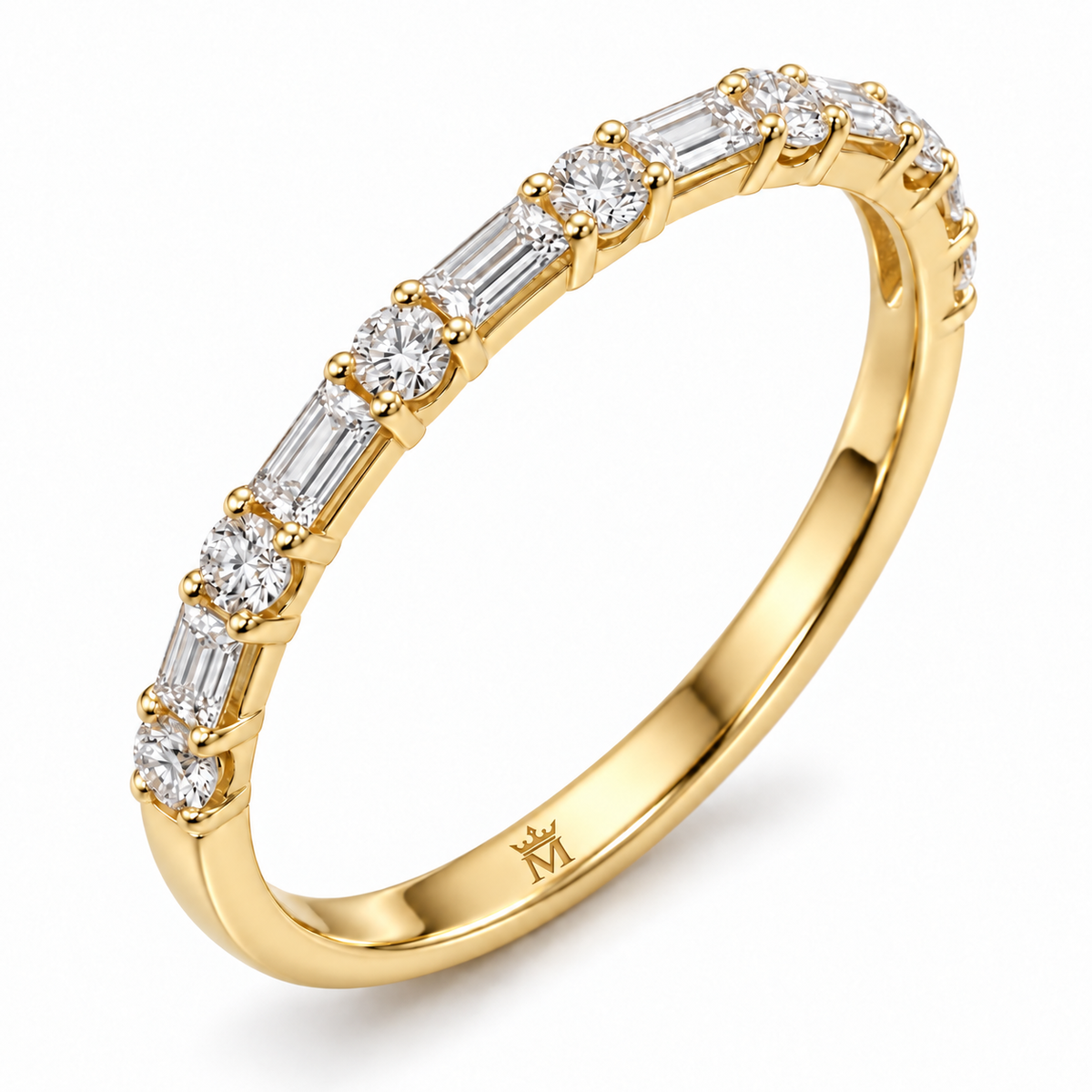 Three-quarter view of the 14K gold half-eternity band with alternating round and baguette diamonds. AI-edited crown-M engraving concept inside the lower band; engraving and scale are illustrative.