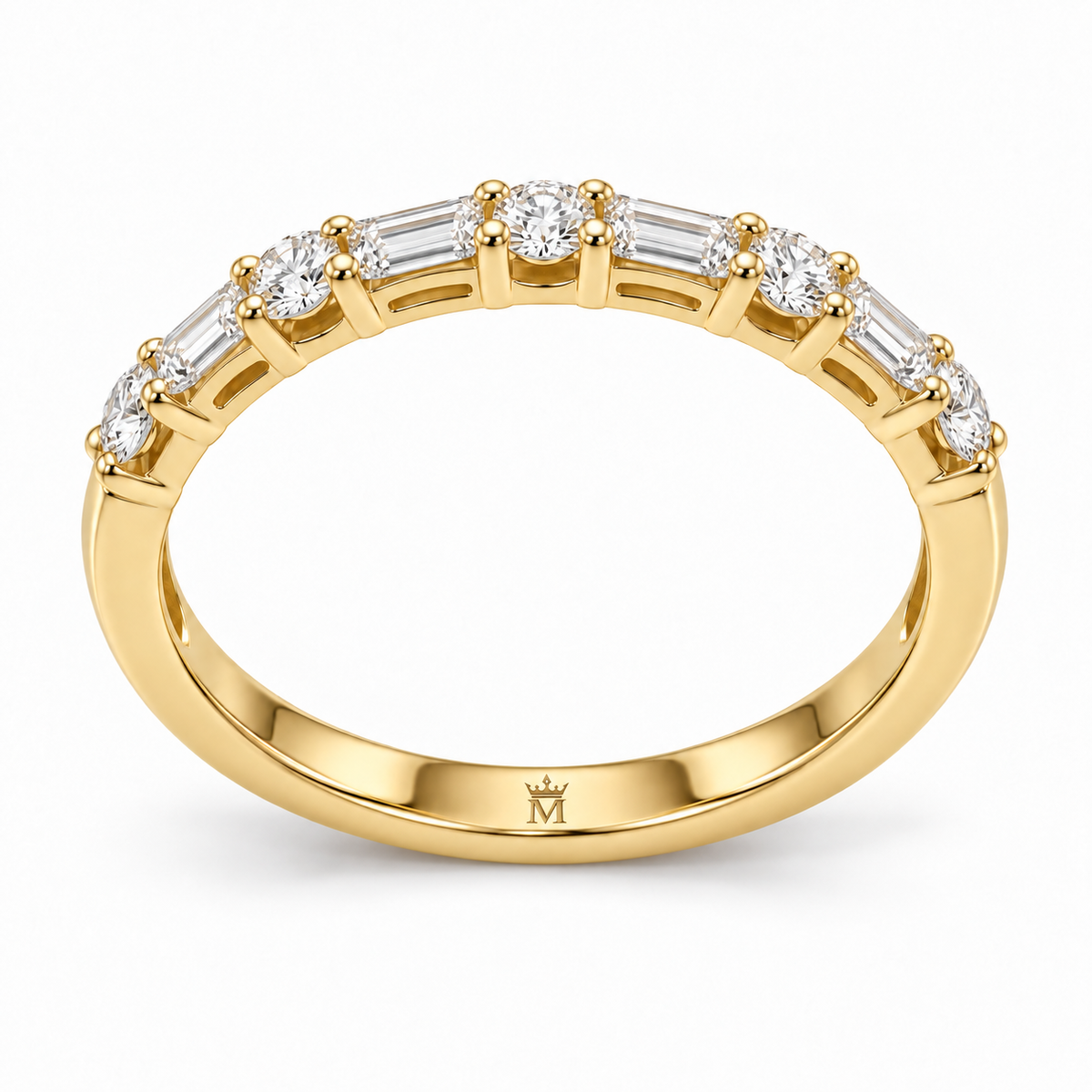 Underside of the half-eternity band showing its polished lower shank. AI-edited crown-M engraving concept inside the lower band; engraving and scale are illustrative.