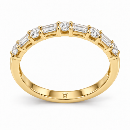 Underside of the half-eternity band showing its polished lower shank. AI-edited crown-M engraving concept inside the lower band; engraving and scale are illustrative.