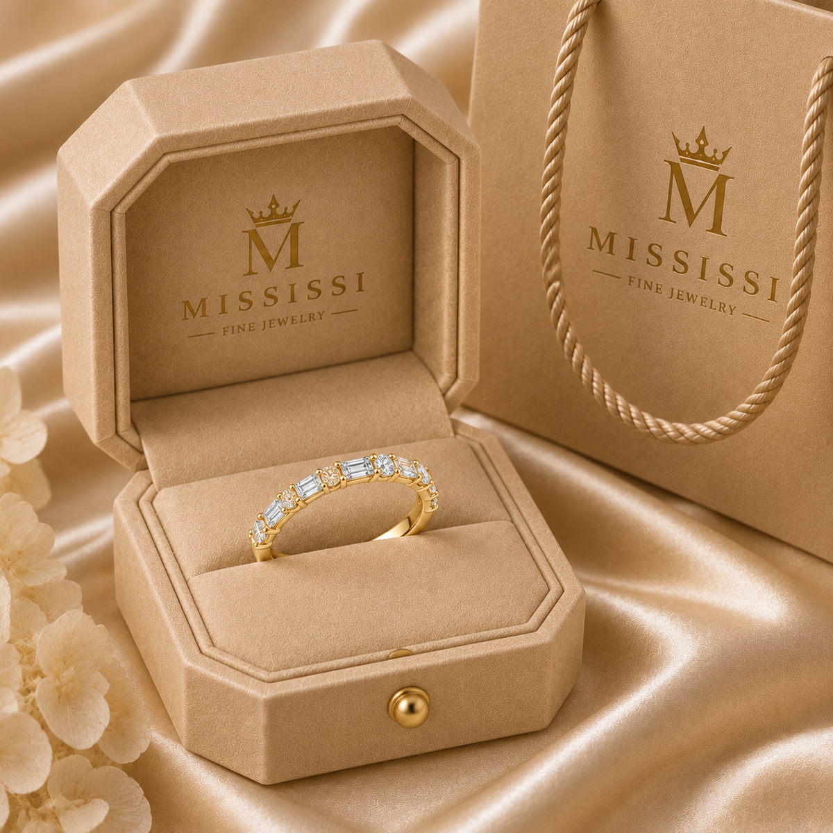 Champagne-beige MISSISSI presentation with an alternating round and baguette half-eternity band.