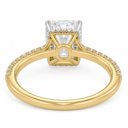 Side profile of elongated radiant diamond ring with hidden halo and cathedral setting