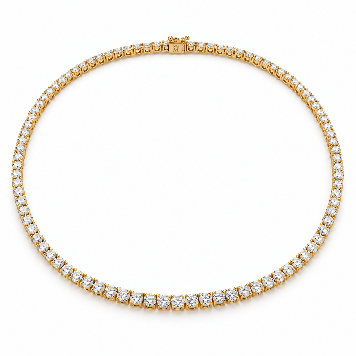 Full front view of the 5 CTW petite round lab-grown diamond tennis necklace in 14K gold. AI-edited crown-M engraving concept on the existing clasp face; engraving and scale are illustrative.