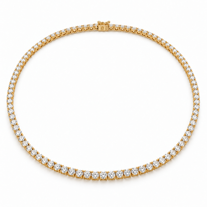 Full front view of the 5 CTW petite round lab-grown diamond tennis necklace in 14K gold. AI-edited crown-M engraving concept on the existing clasp face; engraving and scale are illustrative.